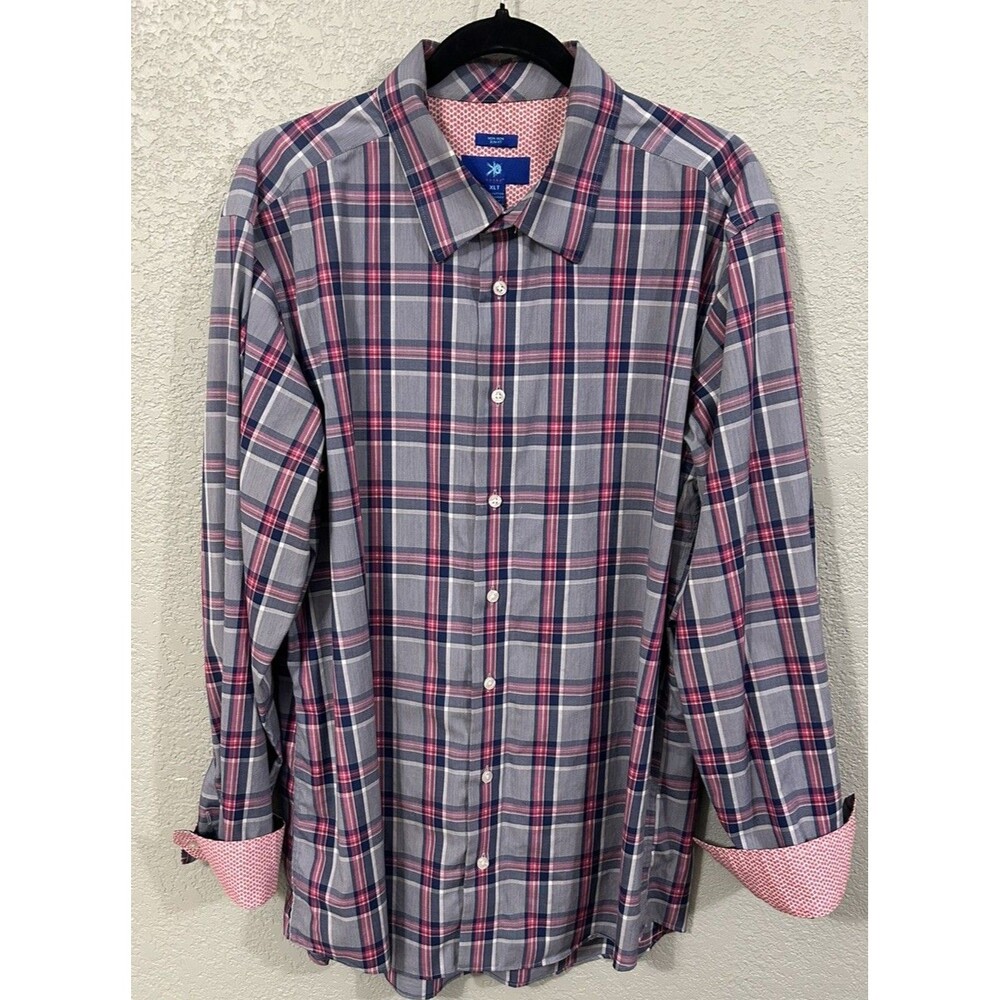 Egara Men's Grey Pink Navy Plaid Non-Iron Cotton Button Down Shirt Size XL Tall